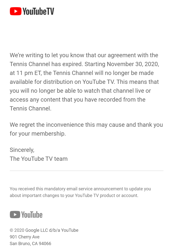 tennis channel dropped from youtube tv